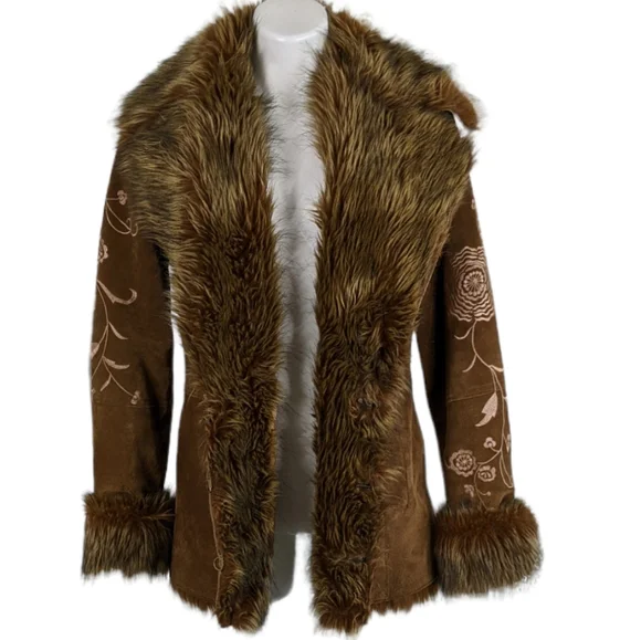 ✌️Penny Lane Brown Faux Fur Trimmed Women's Suede Leather Jacket 🎸 - Picture 15 of 15